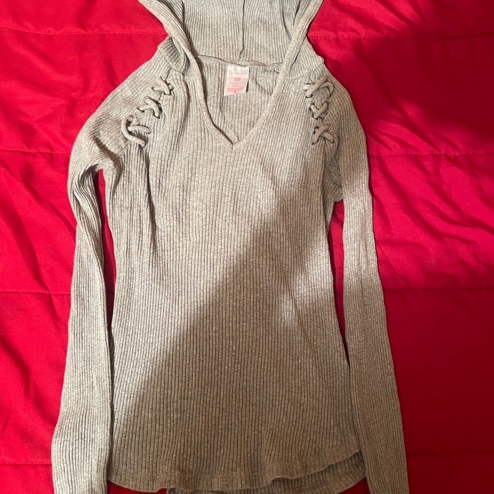 Gray Ribbed Knit Hoodie shirt with Lace-Up Detail
